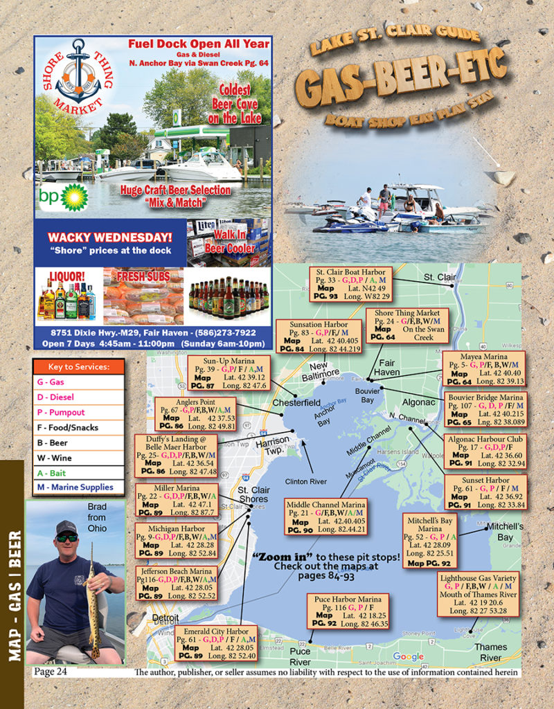 Lake St. Clair Guide Magazine Map of GPS Boat Fuel / Gas Docks / Beer