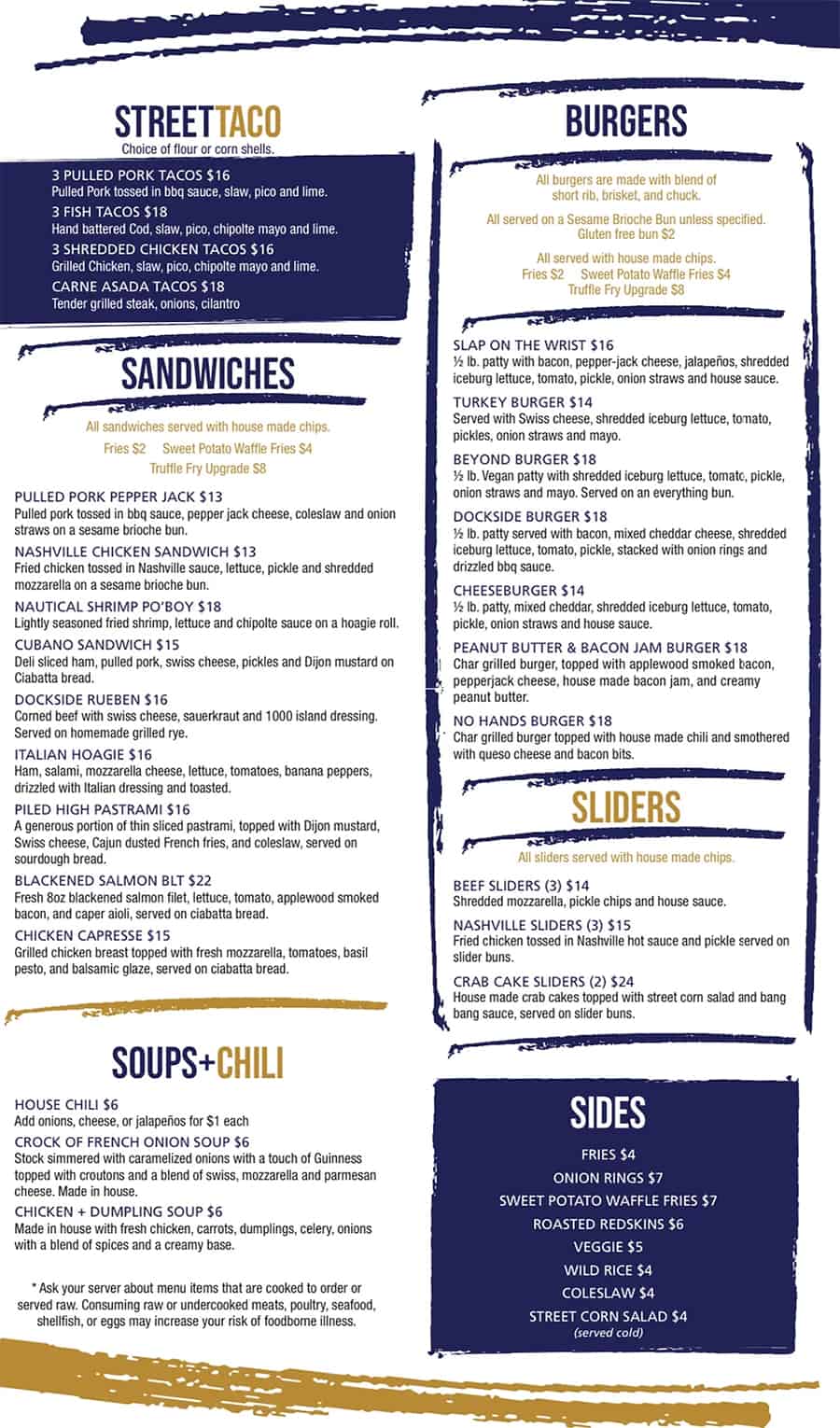 zefs dockside menu january 2023 burgers sandwiches tacos