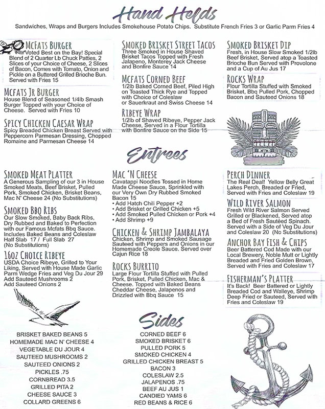 menu on the rocks dinner sandwiches entrees december 2025