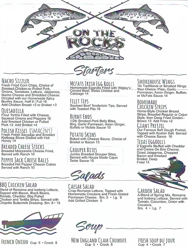 menu on the rocks appetizers salads soup december 2025