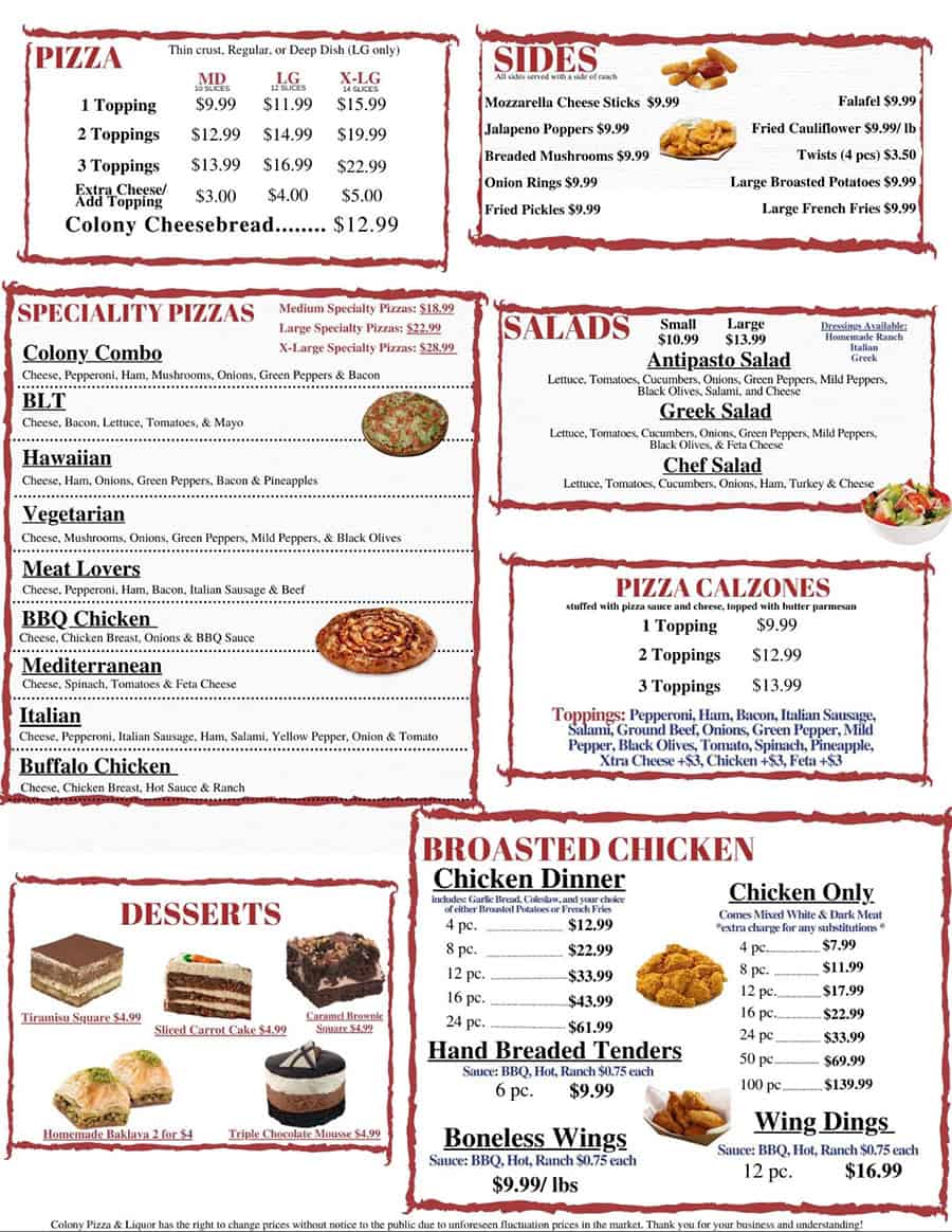 colony MENU best CARRY OUT pizza chicken fair haven algonac clay