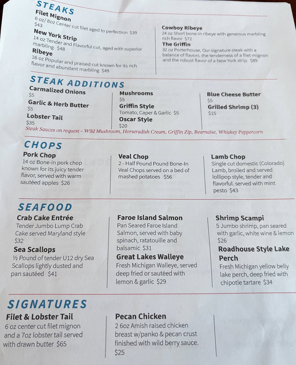 The Griffin Fair Haven Dinner Menu 2025 May