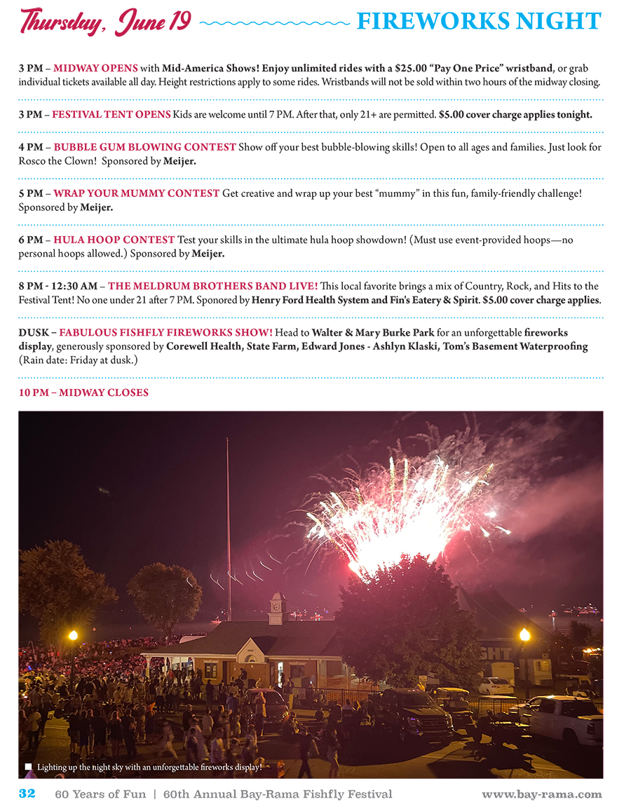 Bay-Rama Fishfly Festival Schedule Thursday June 19, 2025