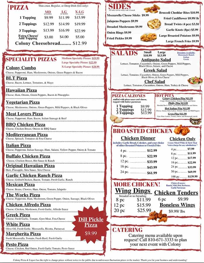 2025 October Colony Party Pizza Menu Clay Fair Haven