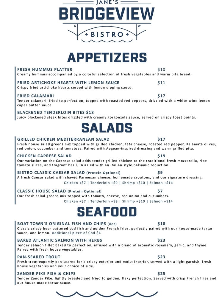 jane's bridgeview bistro appetizer seafood salad menu september 2025
