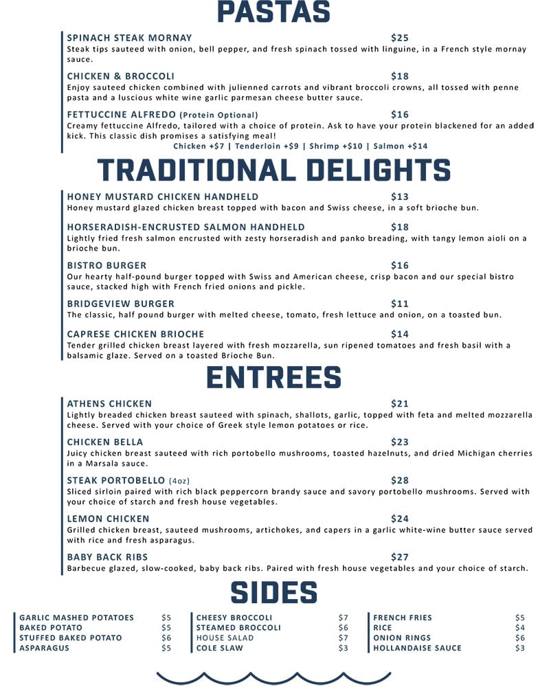 jane's bridgeview bistro dinner pasta menu september 2025