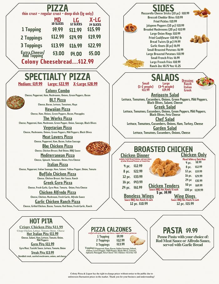 2026 October Colony Party Pizza Menu Clay Fair Haven