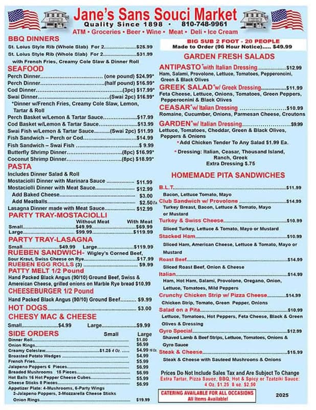 menu sans souci market bbq sandwiches pasta
