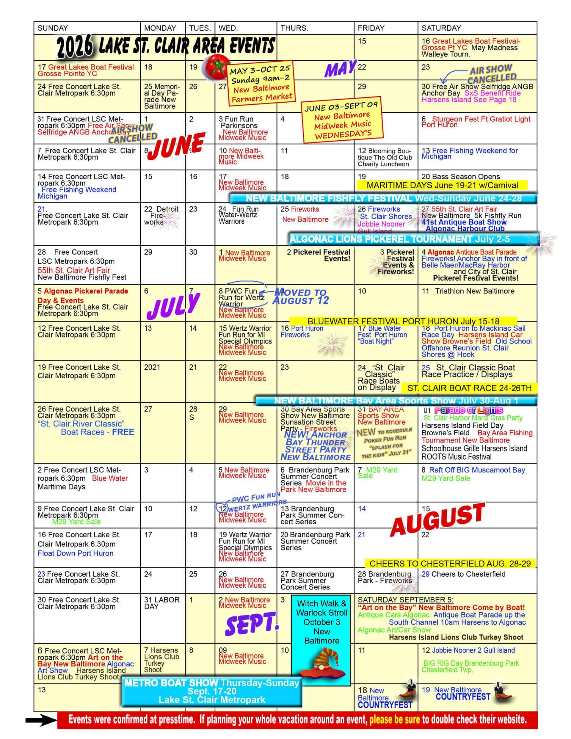 2026 lake st clair daily weekly events calendar