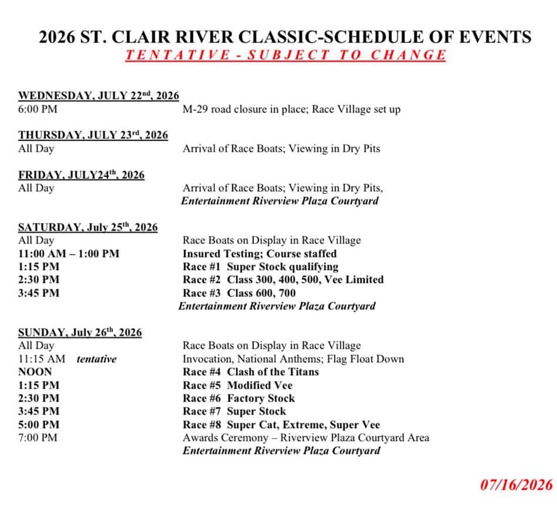 St Clair Race Day Schedule July 2026